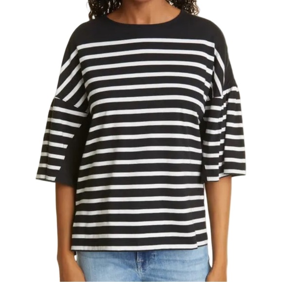 LA LIGNE Striped Cotton Tee Crewneck Elbow-Length Sleeves Black & White Size XS - Picture 16 of 16